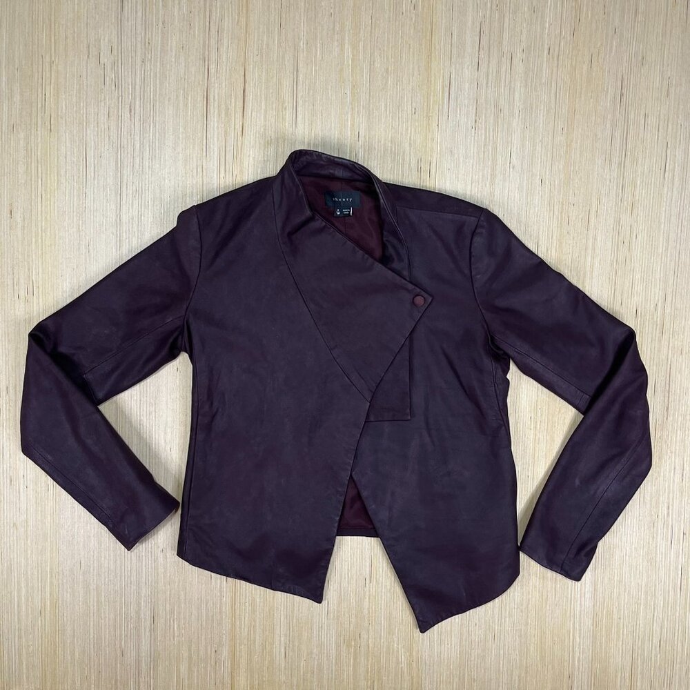 Theory Kenza Draped Lamb Leather Jacket Suede Womens Petite Dark Plum Luxury